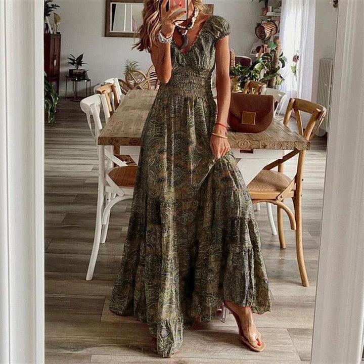Airy women's maxi dress with ethnic print & V-neck – Nayeli-Gray Green-S-Nora Luxe