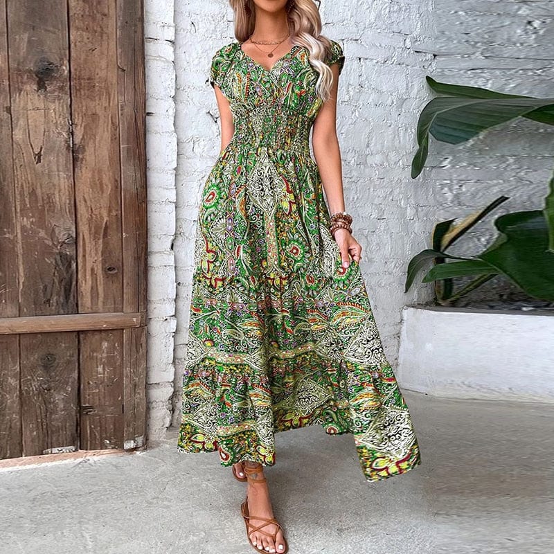 Airy women's maxi dress with ethnic print & V-neck – Nayeli-Green-S-Nora Luxe