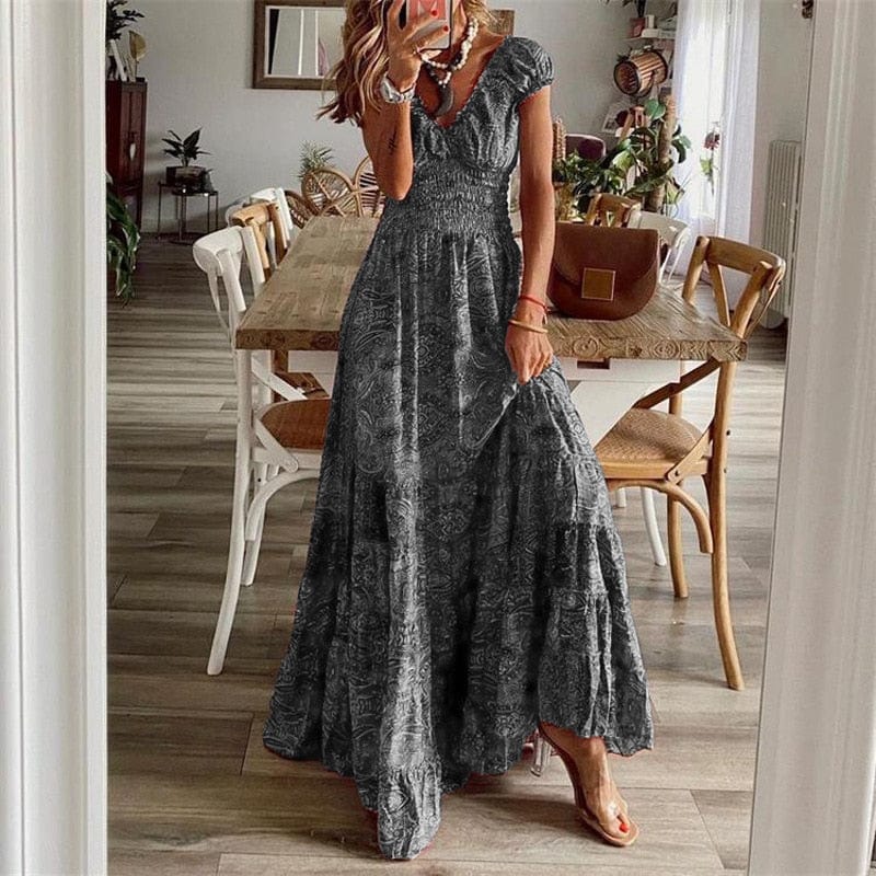 Airy women's maxi dress with ethnic print & V-neck – Nayeli-Grey-S-Nora Luxe