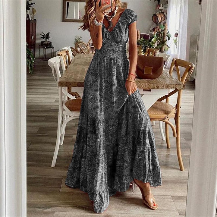 Airy women's maxi dress with ethnic print & V-neck – Nayeli-Grey-S-Nora Luxe