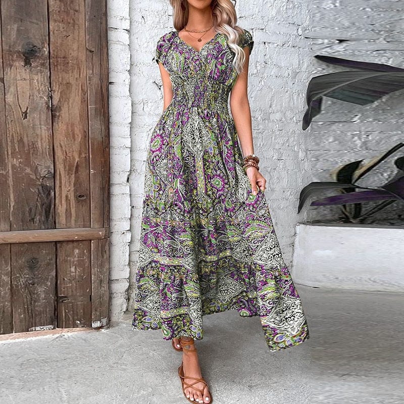 Airy women's maxi dress with ethnic print & V-neck – Nayeli-Purple-S-Nora Luxe