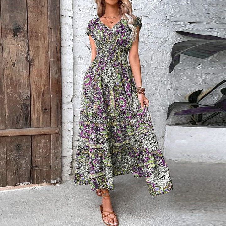 Airy women's maxi dress with ethnic print & V-neck – Nayeli-Purple-S-Nora Luxe
