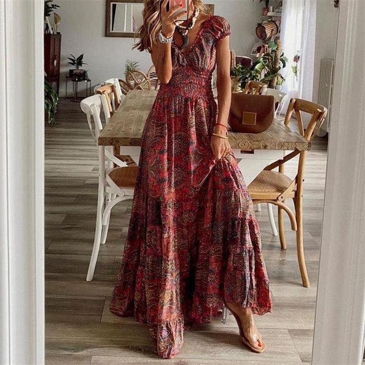 Airy women's maxi dress with ethnic print & V-neck – Nayeli-Red-S-Nora Luxe