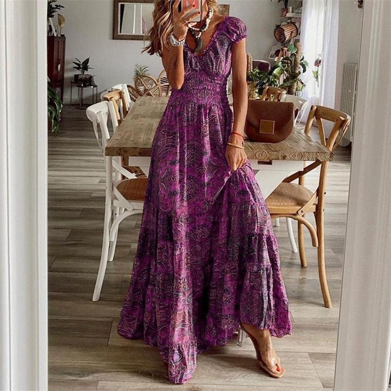 Airy women's maxi dress with ethnic print & V-neck – Nayeli-Violet-S-Nora Luxe