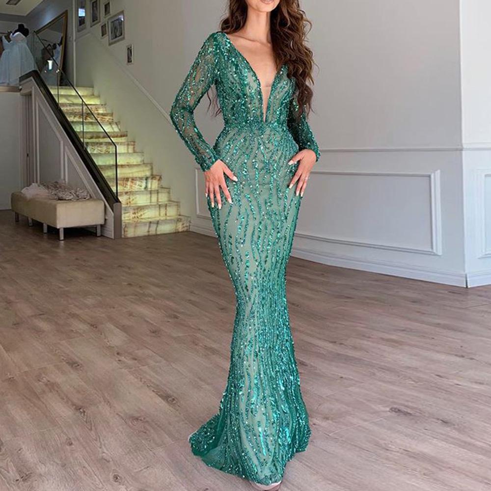 Ankle-Length Sequin Dress with Long Sleeves - Camille-S-Nora Luxe