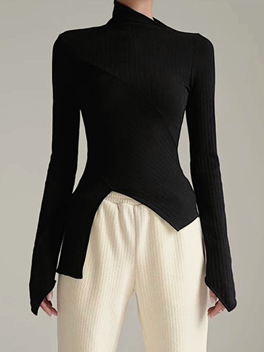 Asymmetrical Jumper with Cut for Ladies - Amelia-Black-XS-Nora Luxe