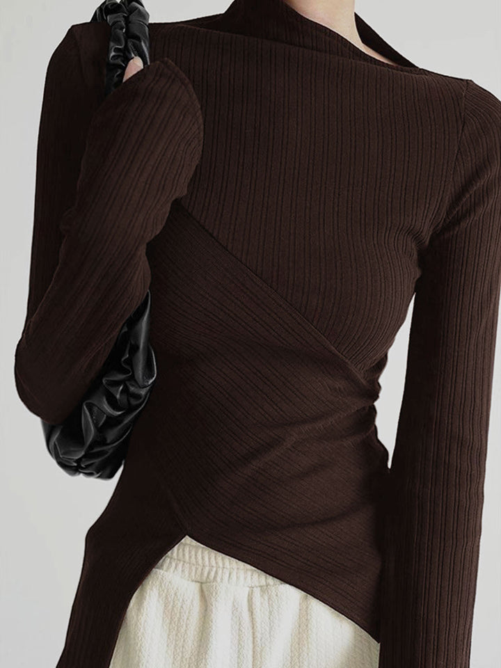 Asymmetrical Jumper with Cut for Ladies - Amelia-Brown-XS-Nora Luxe