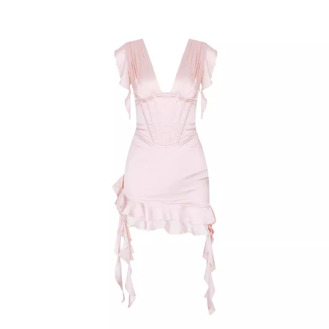 Asymmetrical ruffled dress with V-neckline & figure enhancement – Elira-Pink-L-Nora Luxe