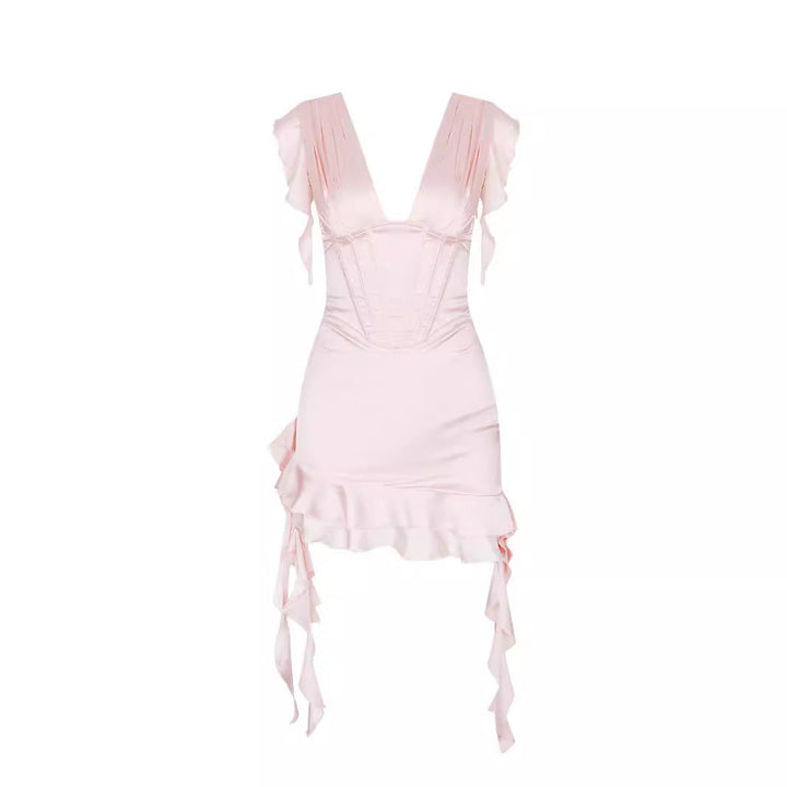 Asymmetrical ruffled dress with V-neckline & figure enhancement – Elira-Pink-L-Nora Luxe