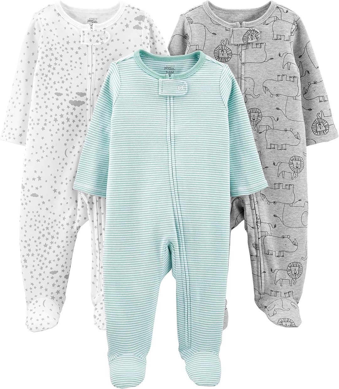 Baby 3-pack winter sleep and play set-Green Stripe/Gray Lion/White Stars-Newborn-Nora Luxe