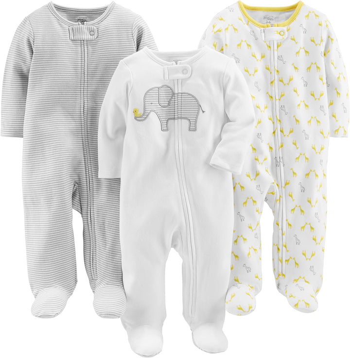 Baby 3-pack winter sleep and play set-Light Gray Mini Stripe/White Elephant/Giraffe-Newborn-Nora Luxe