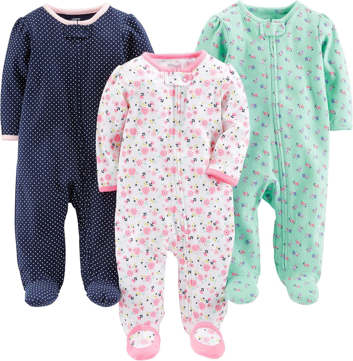 Baby 3-pack winter sleep and play set-Mint Green Flowers/Navy Blue Dots/White Flowers-Newborn-Nora Luxe