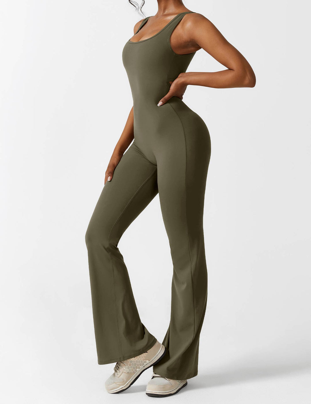 Backless jumpsuit with flared trousers – Liv-Olive green-S-Nora Luxe