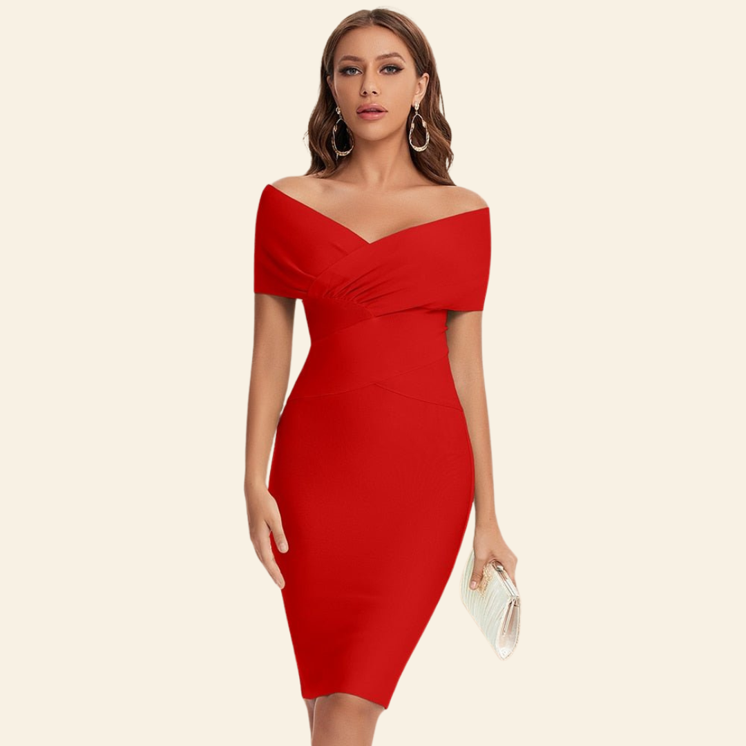 Bandage Dress with V-Neck - Celeste-Red-S-Nora Luxe