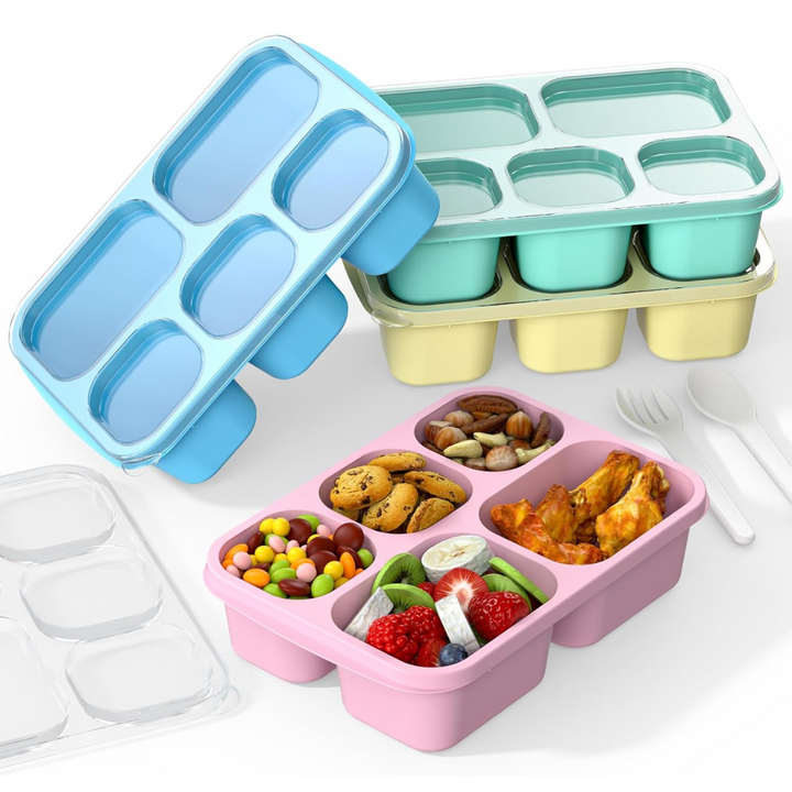 Bento Box Meal Prep Containers - 4-Pack-Blue/Pink/Green/Yellow - 5 Compartments-Nora Luxe