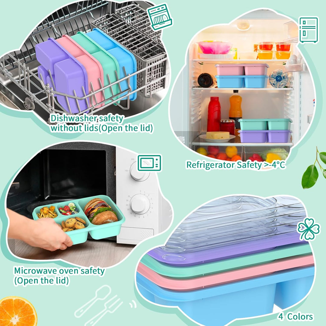 Bento Box Meal Prep Containers - 4-Pack-Green/Blue/Pink/Beige - 5 Compartments-Nora Luxe