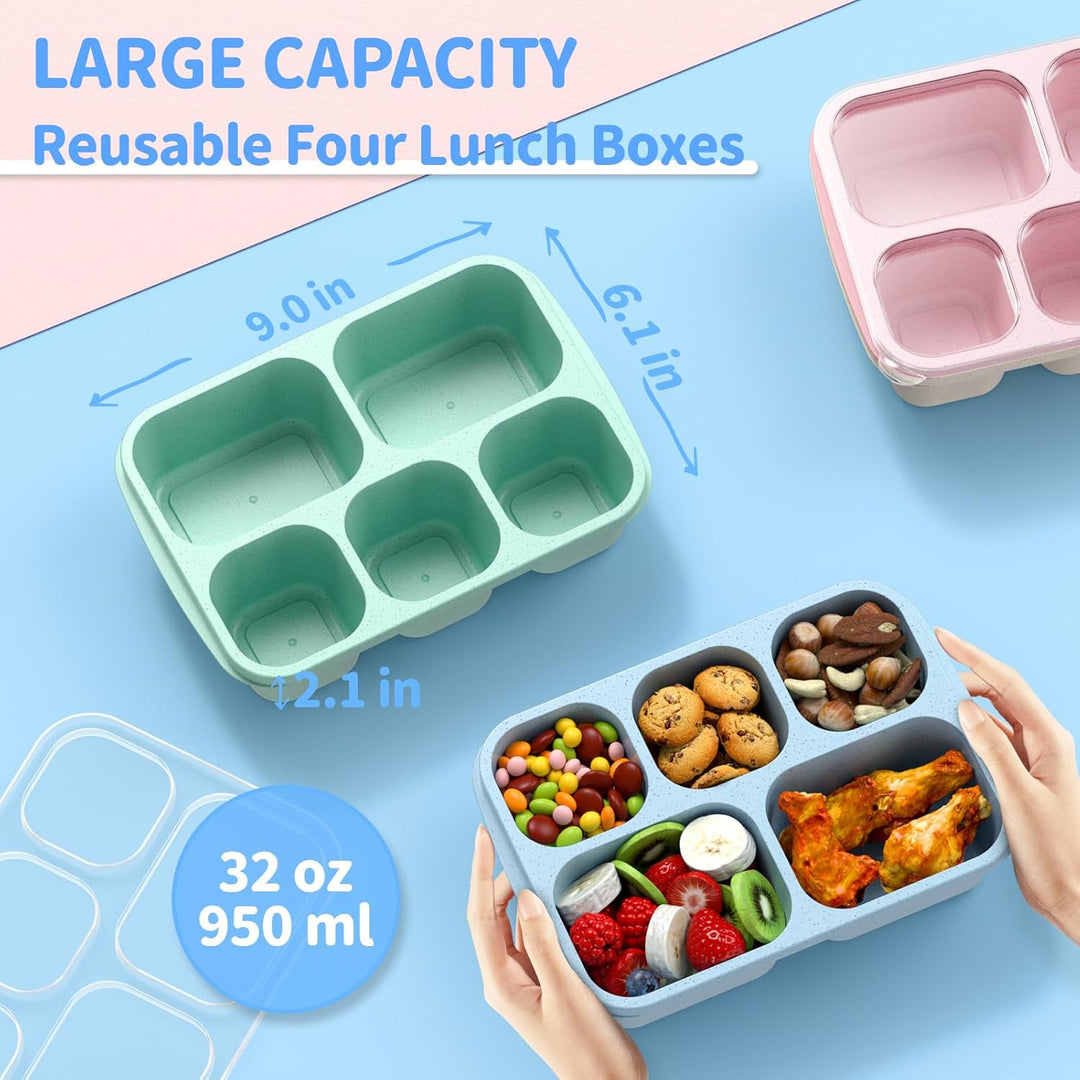 Bento Box Meal Prep Containers - 4-Pack-Green/Blue/Pink/Beige - 5 Compartments-Nora Luxe