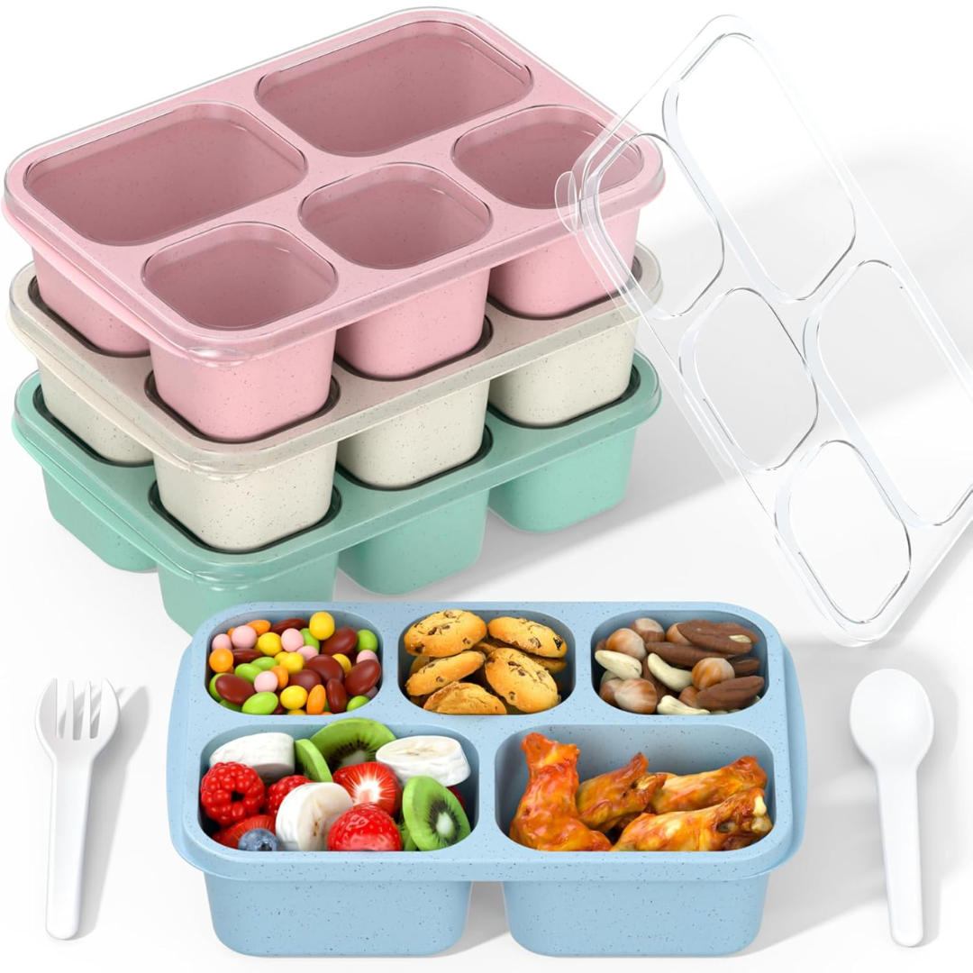 Bento Box Meal Prep Containers - 4-Pack-Green/Blue/Pink/Beige - 5 Compartments-Nora Luxe