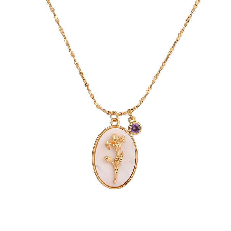 Birthstone with Birth Flowers Necklace - Aurora-February - Iris-Nora Luxe