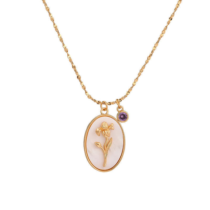 Birthstone with Birth Flowers Necklace - Aurora-February - Iris-Nora Luxe