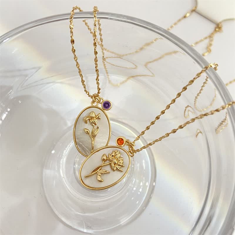 Birthstone with Birth Flowers Necklace - Aurora-January - Carnation-Nora Luxe