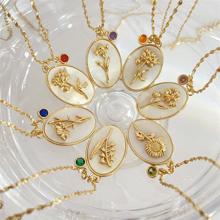 Birthstone with Birth Flowers Necklace - Aurora-January - Carnation-Nora Luxe