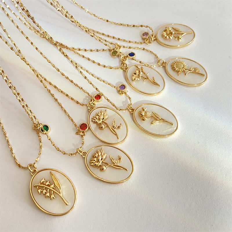Birthstone with Birth Flowers Necklace - Aurora-January - Carnation-Nora Luxe