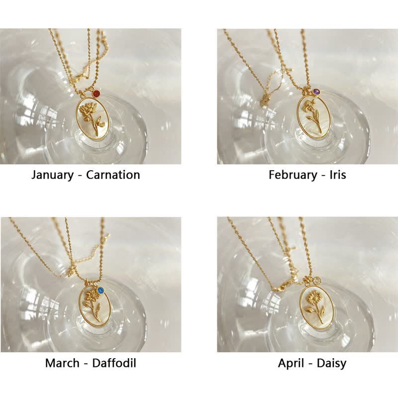 Birthstone with Birth Flowers Necklace - Aurora-January - Carnation-Nora Luxe