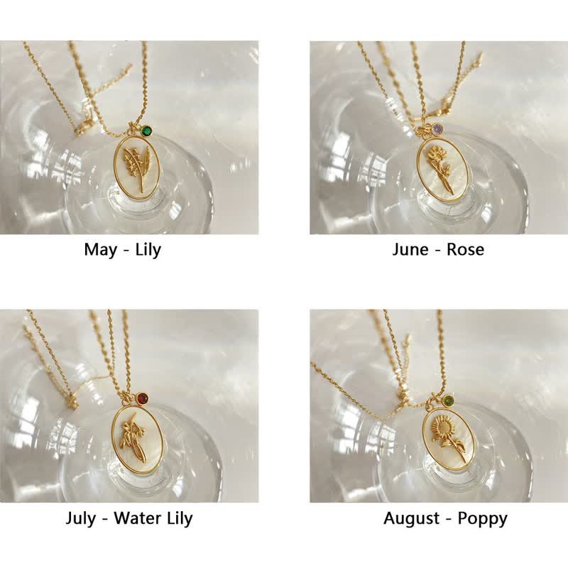 Birthstone with Birth Flowers Necklace - Aurora-January - Carnation-Nora Luxe
