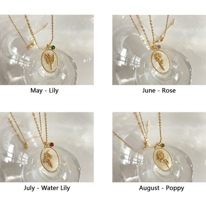 Birthstone with Birth Flowers Necklace - Aurora-January - Carnation-Nora Luxe