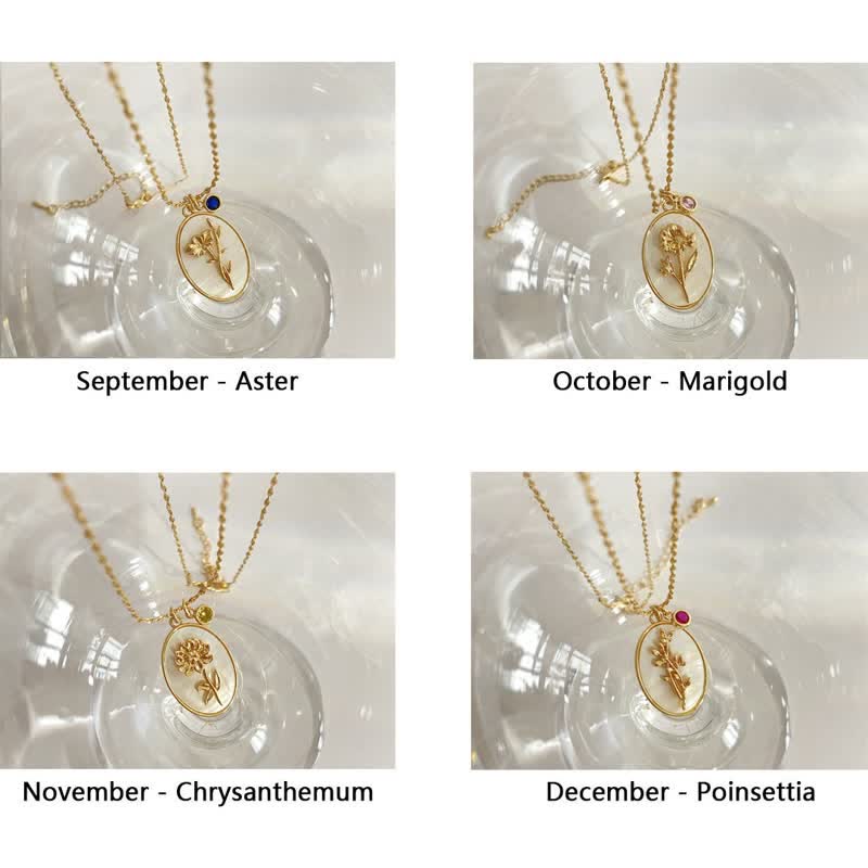 Birthstone with Birth Flowers Necklace - Aurora-January - Carnation-Nora Luxe