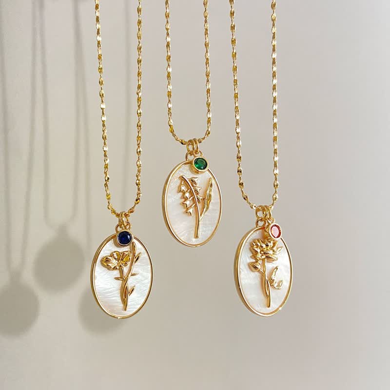 Birthstone with Birth Flowers Necklace - Aurora-January - Carnation-Nora Luxe