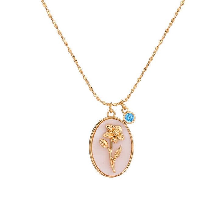 Birthstone with Birth Flowers Necklace - Aurora-March - Daffodil-Nora Luxe