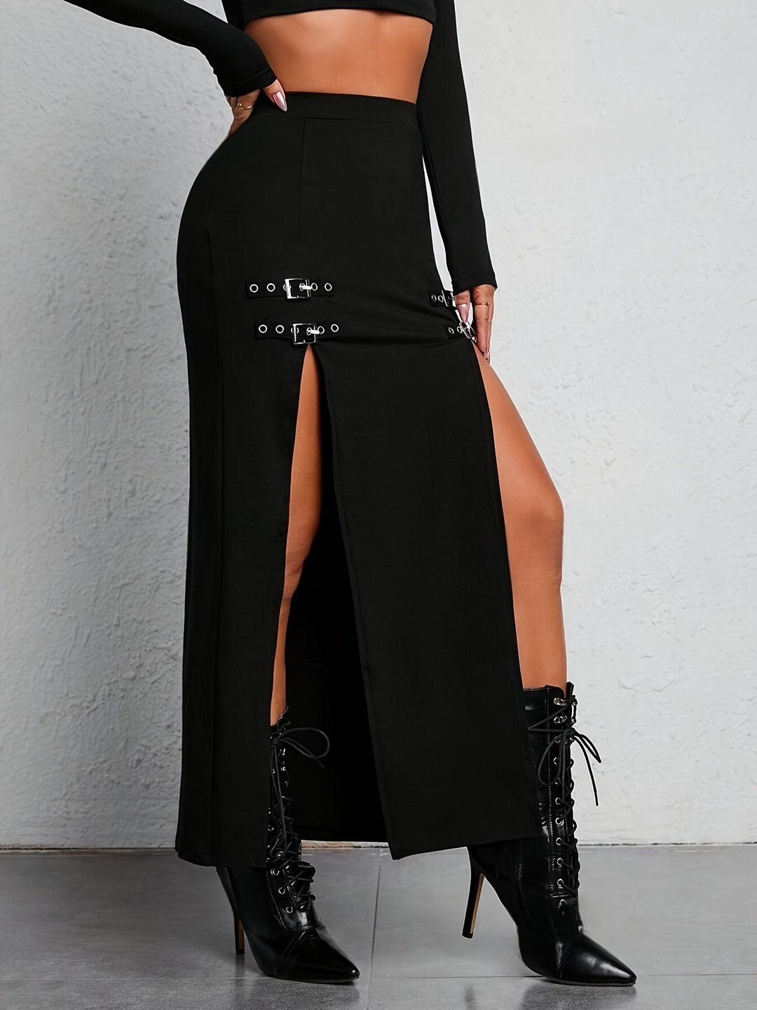 Black High Waist Split Skirt - Sophie-S-Nora Luxe