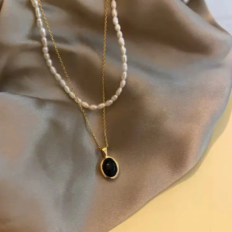 Black Onyx and Pearl Stack Necklace - Aria-Nora Luxe