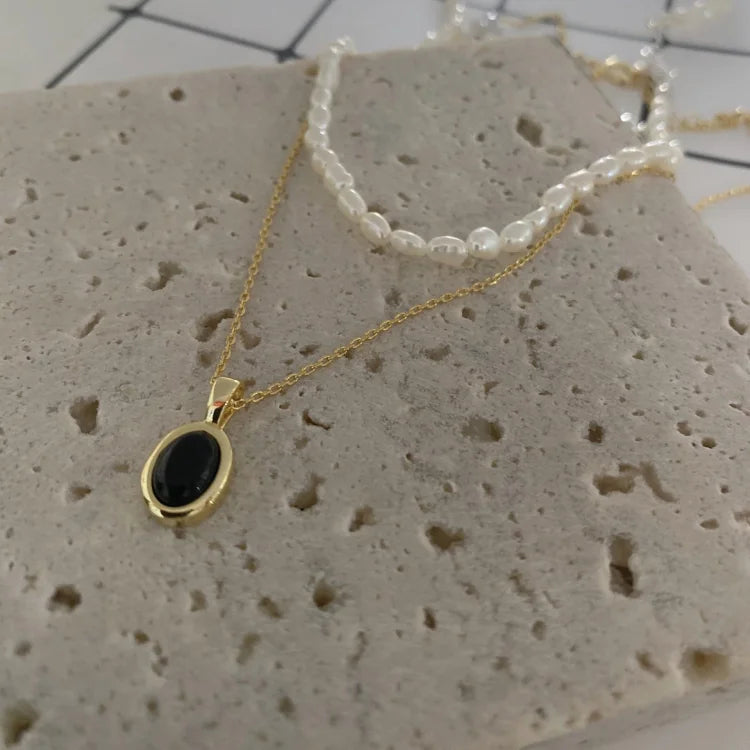 Black Onyx and Pearl Stack Necklace - Aria-Nora Luxe