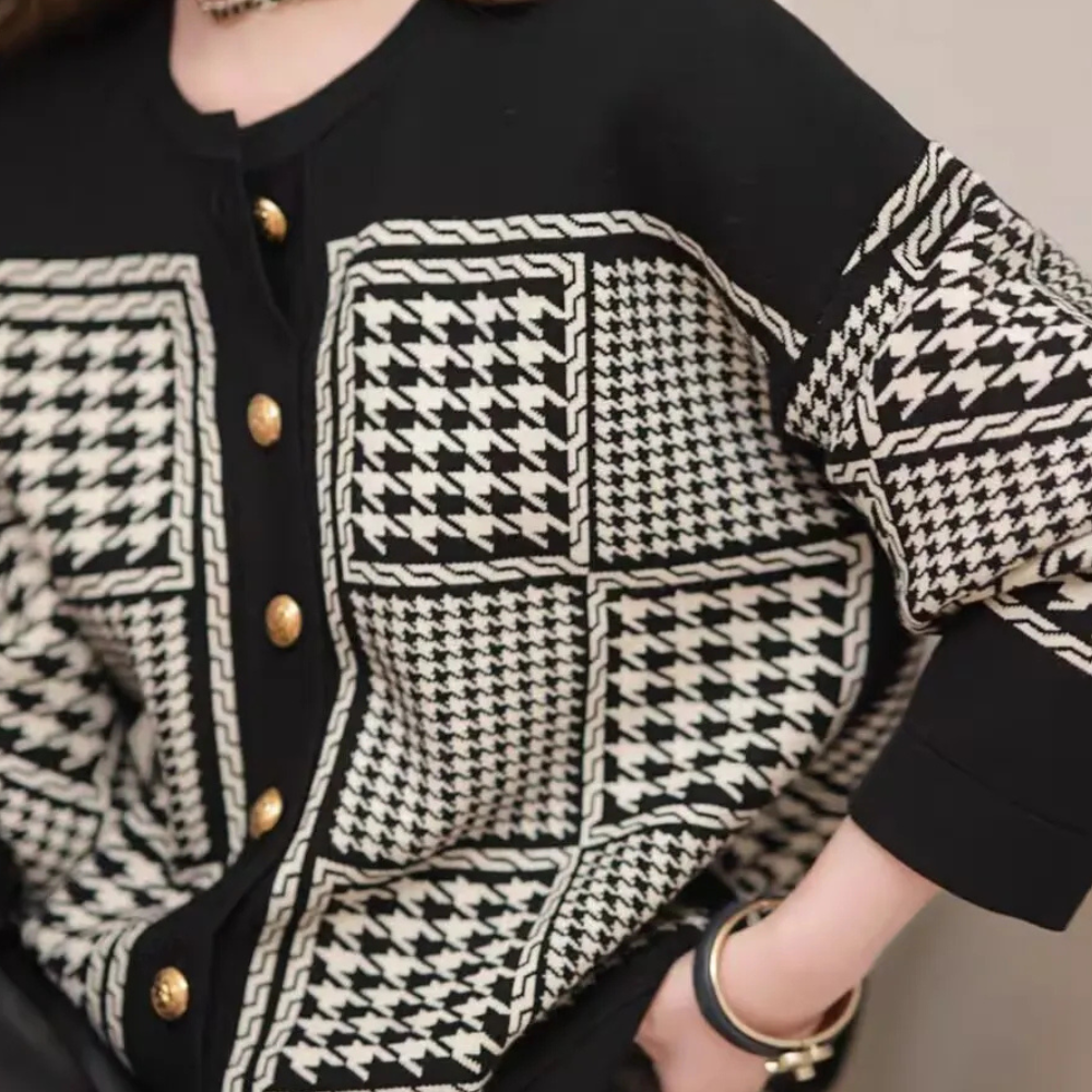 Black Women's Cardigan with Houndstooth Pattern - Isolde-XS-Nora Luxe