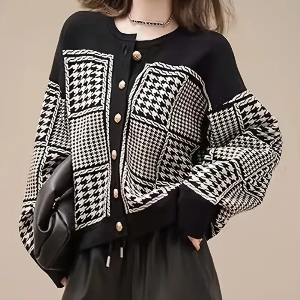 Black Women's Cardigan with Houndstooth Pattern - Isolde-XS-Nora Luxe