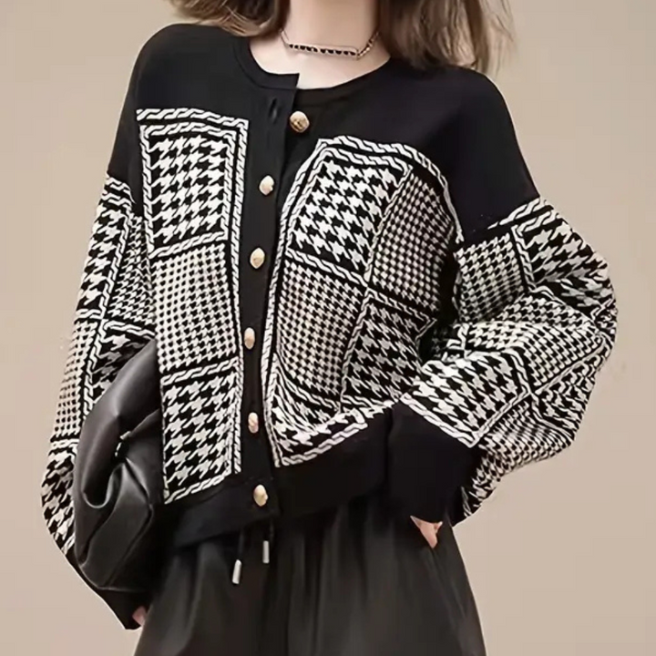 Black Women's Cardigan with Houndstooth Pattern - Isolde-XS-Nora Luxe