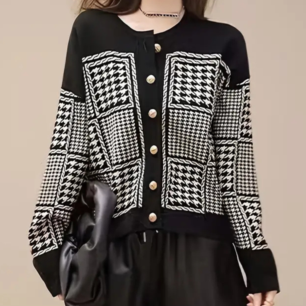 Black Women's Cardigan with Houndstooth Pattern - Isolde-XS-Nora Luxe