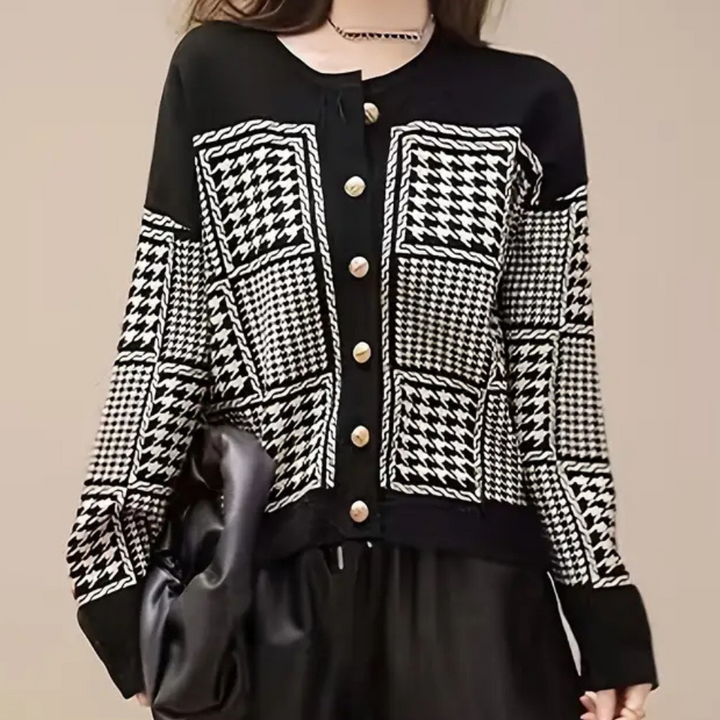Black Women's Cardigan with Houndstooth Pattern - Isolde-XS-Nora Luxe