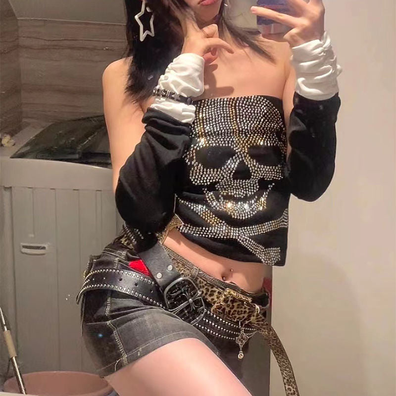 Black women's top with rhinestone skeleton design – Liora-S-Nora Luxe