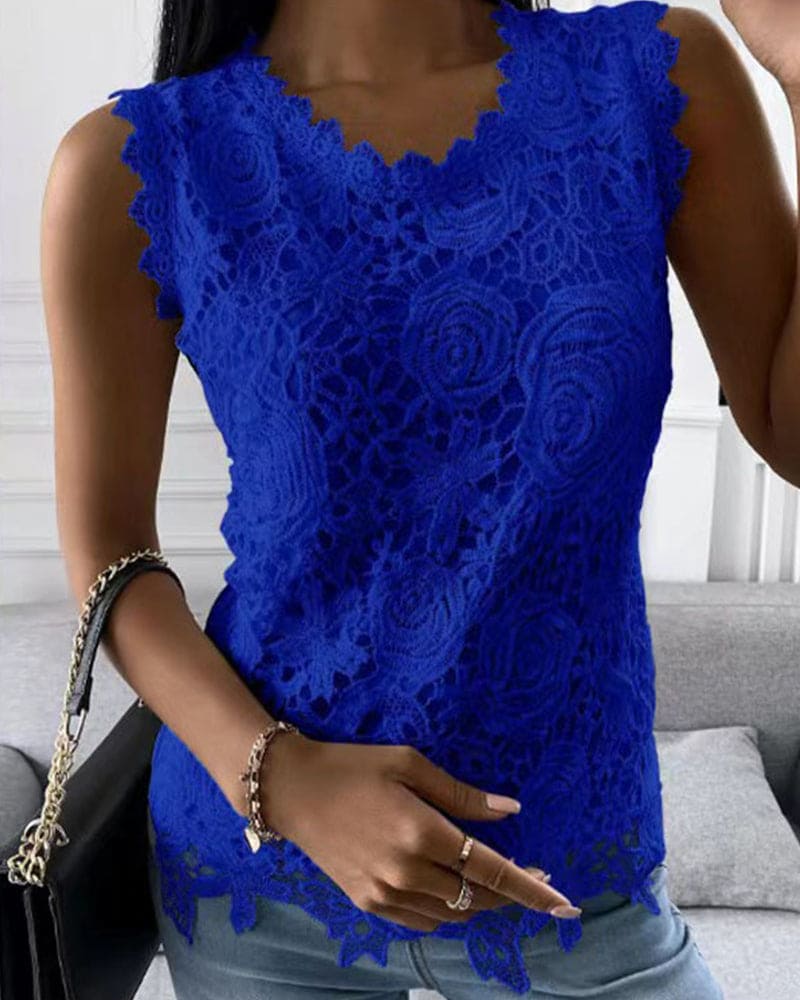 Blouse with Lace Detail in Effenge Colour Style - Elara-Blue-S-Nora Luxe