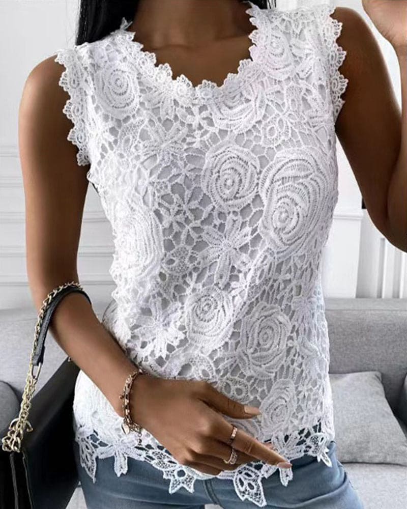 Blouse with Lace Detail in Effenge Colour Style - Elara-White-S-Nora Luxe