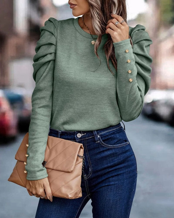 Blouse with Long Puff Sleeves and Round Neck - Eva-Orange-S-Nora Luxe