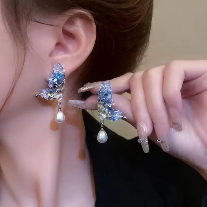 Blue Crystal Butterfly Wing Earrings with Pearl - Liora-Nora Luxe
