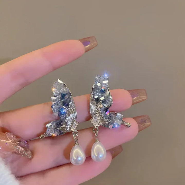Blue Crystal Butterfly Wing Earrings with Pearl - Liora-Nora Luxe