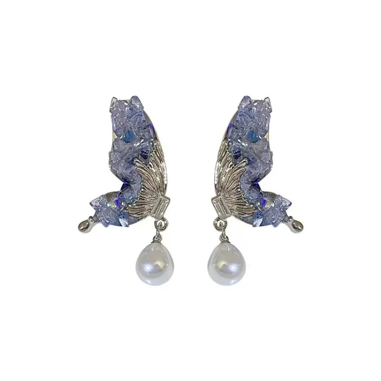 Blue Crystal Butterfly Wing Earrings with Pearl - Liora-Nora Luxe