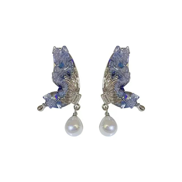 Blue Crystal Butterfly Wing Earrings with Pearl - Liora-Nora Luxe