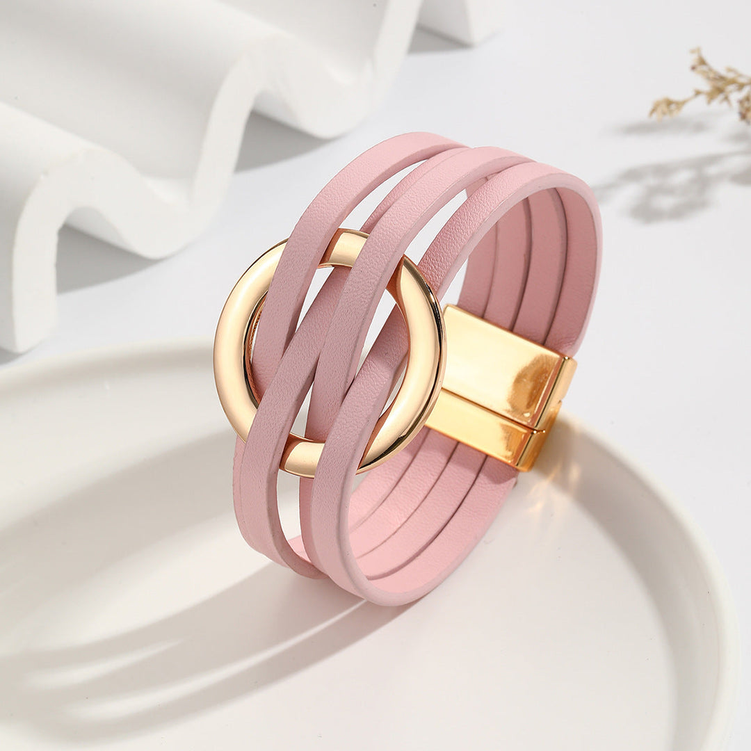 Bohemian Double Circle Leather Bracelet | Women's Fashion Jewellery-Pink-Nora Luxe